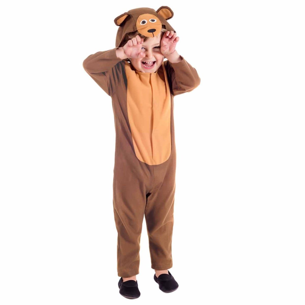 Toddler in a soft brown hooded bear costume with a tan belly panel and round ears, hands raised playfully beside the face