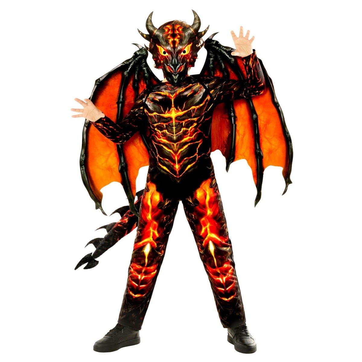 Boy in a black and orange fire-print dragon costume with a horned dragon mask, large adjustable black and orange wings, and a spiked tail