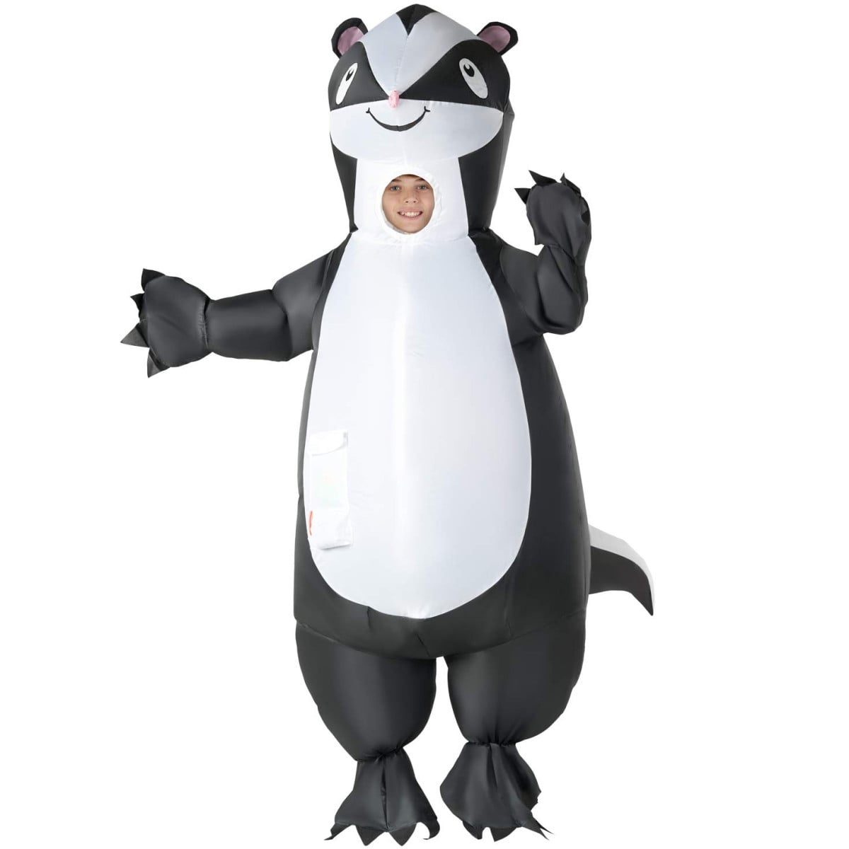 Child in a black and white inflatable skunk costume with a large round face on the hood and a cut face-hole showing the child's own face, front pouch pocket and clawed inflatable hands