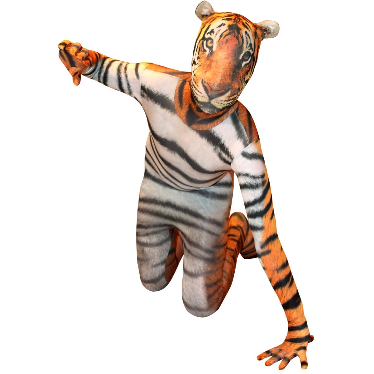 Child in a full-body tiger-striped morphsuit with a fabric hood covering the entire head and face in a realistic tiger print