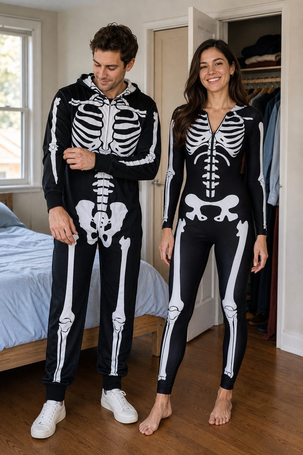 Two adults standing side by side in a bedroom in matching black and white skeleton costumes, one in a loose hooded onesie with the hood down and one in a close-fitting zip-front bodysuit, both fitting cleanly at the shoulder and ankle