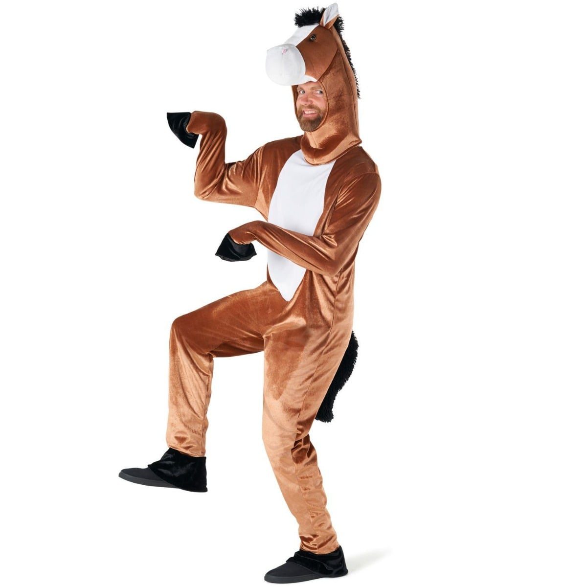 Adult horse costume as a brown velour jumpsuit with a white belly panel, a padded horse-head hood with a black mane that leaves the wearer's face open, hoof mitts and black hoof boot covers