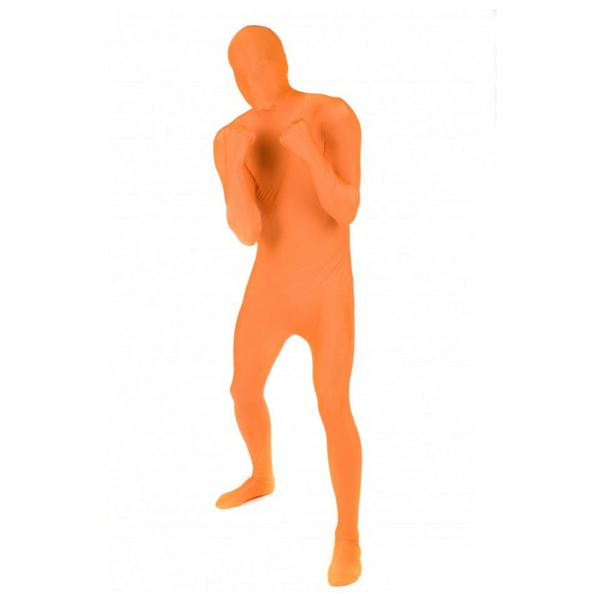 Adult orange Morphsuit costume covering the wearer from head to feet in a single stretch second-skin suit, including the face and hands