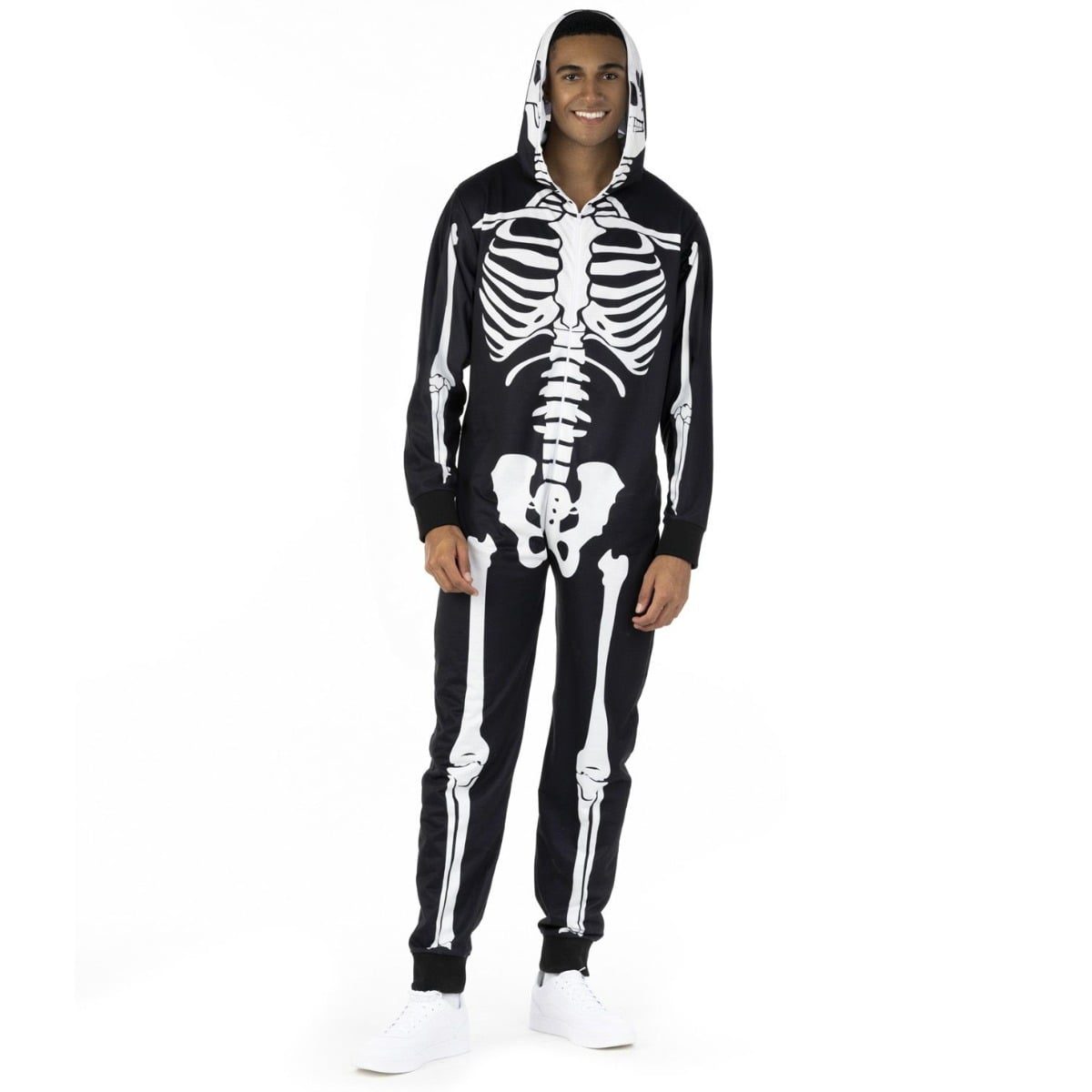 Mens black hooded skeleton onesie printed with white bones on the front, back and hood, worn with the hood up and the skull face panel unzipped and open so the face is uncovered, with black ribbed cuffs and ankles