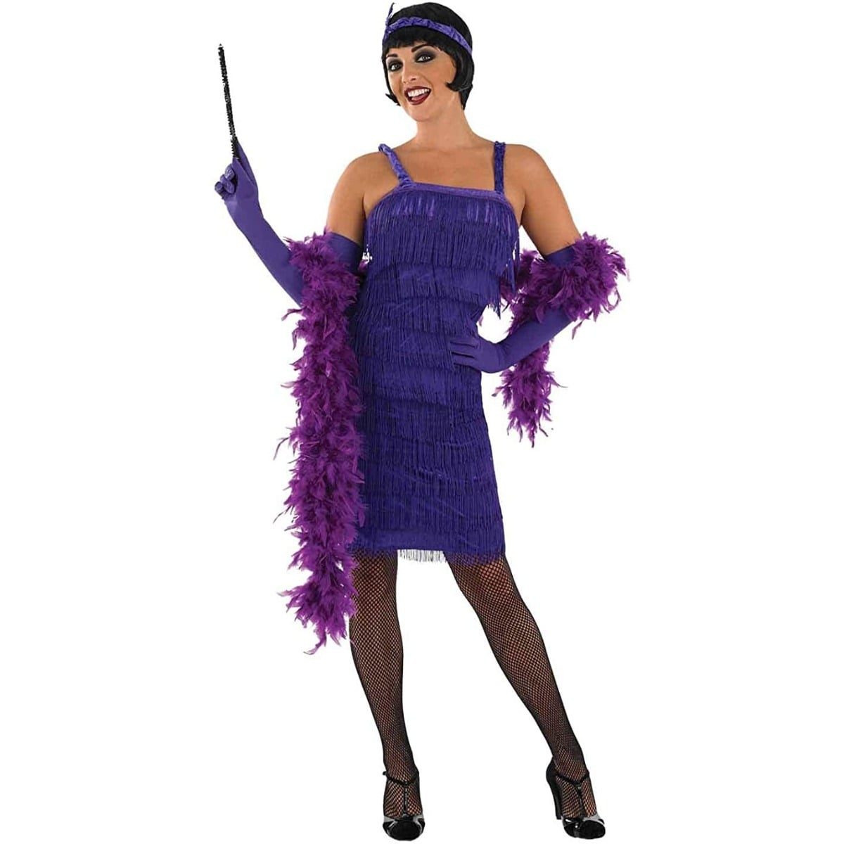 Woman in a purple 1920s flapper costume with tiered horizontal rows of fringing, purple elbow-length gloves and a purple feathered headband