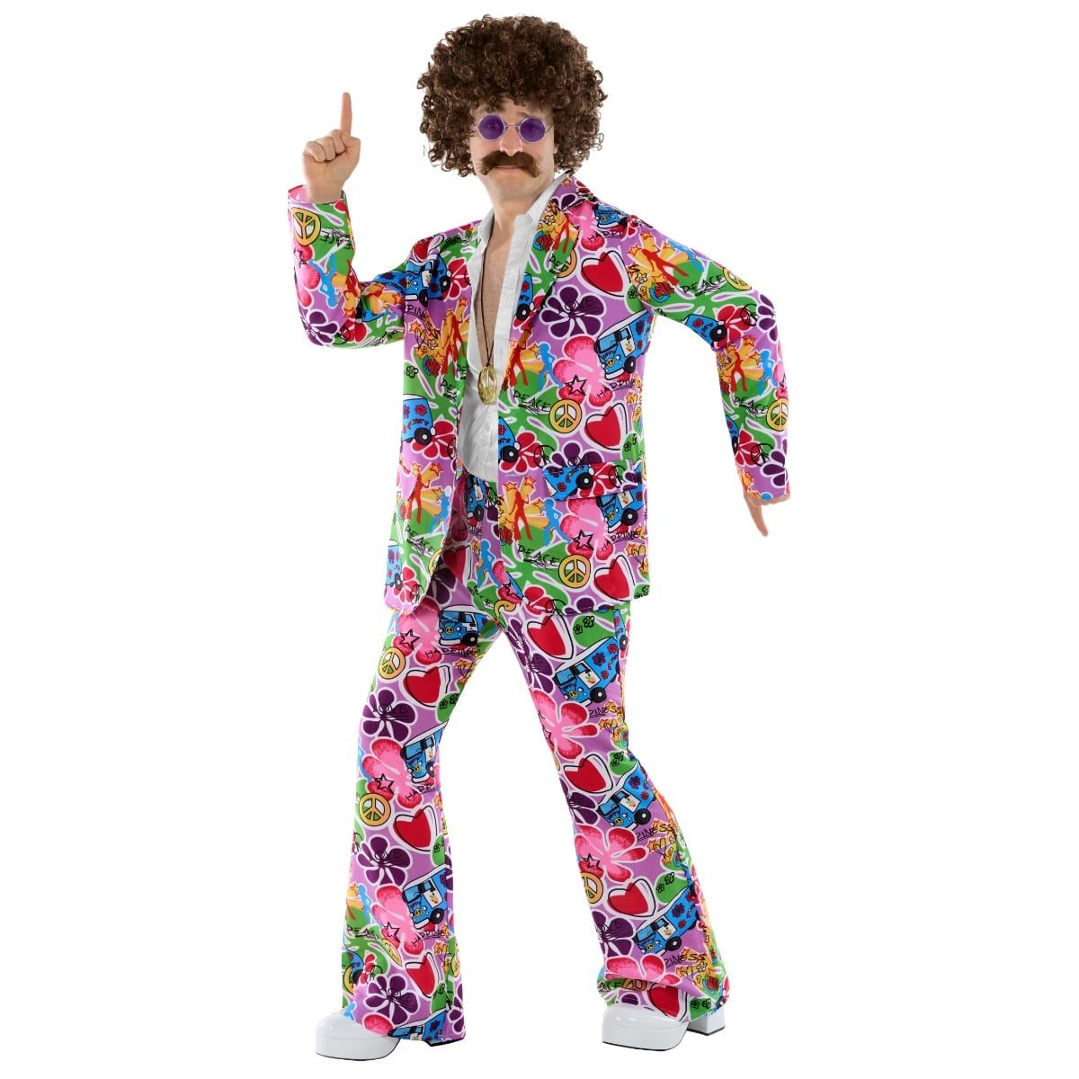 Man in a 1960s psychedelic suit costume, an all-over print jacket and matching flared pants covered in camper vans, peace signs, hearts and flowers with the words PEACE and HAPPINESS printed into the pattern