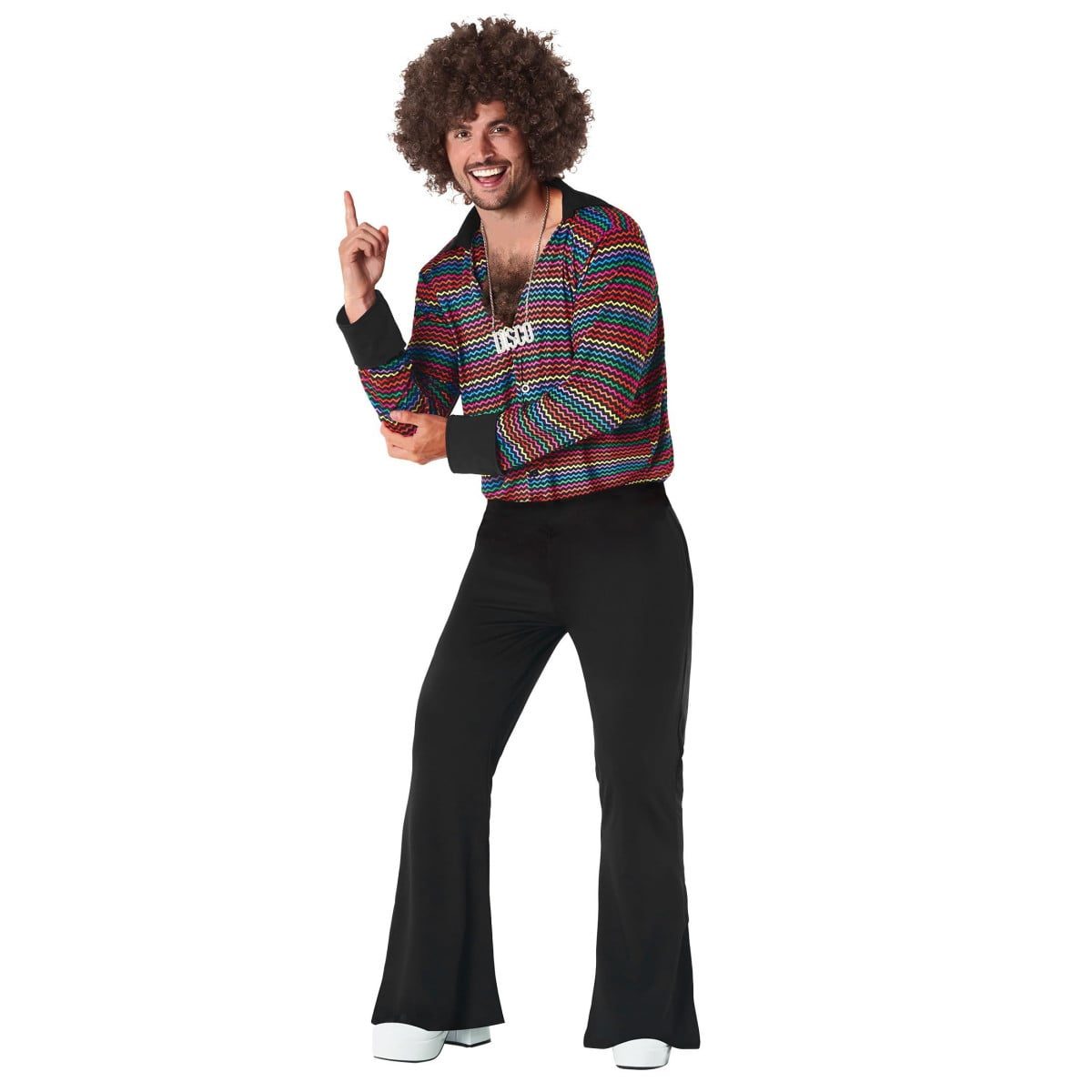 Man in a 1970s disco costume with a rainbow zigzag patterned shirt with a wide black collar and black cuffs worn open at the chest, and black flared pants