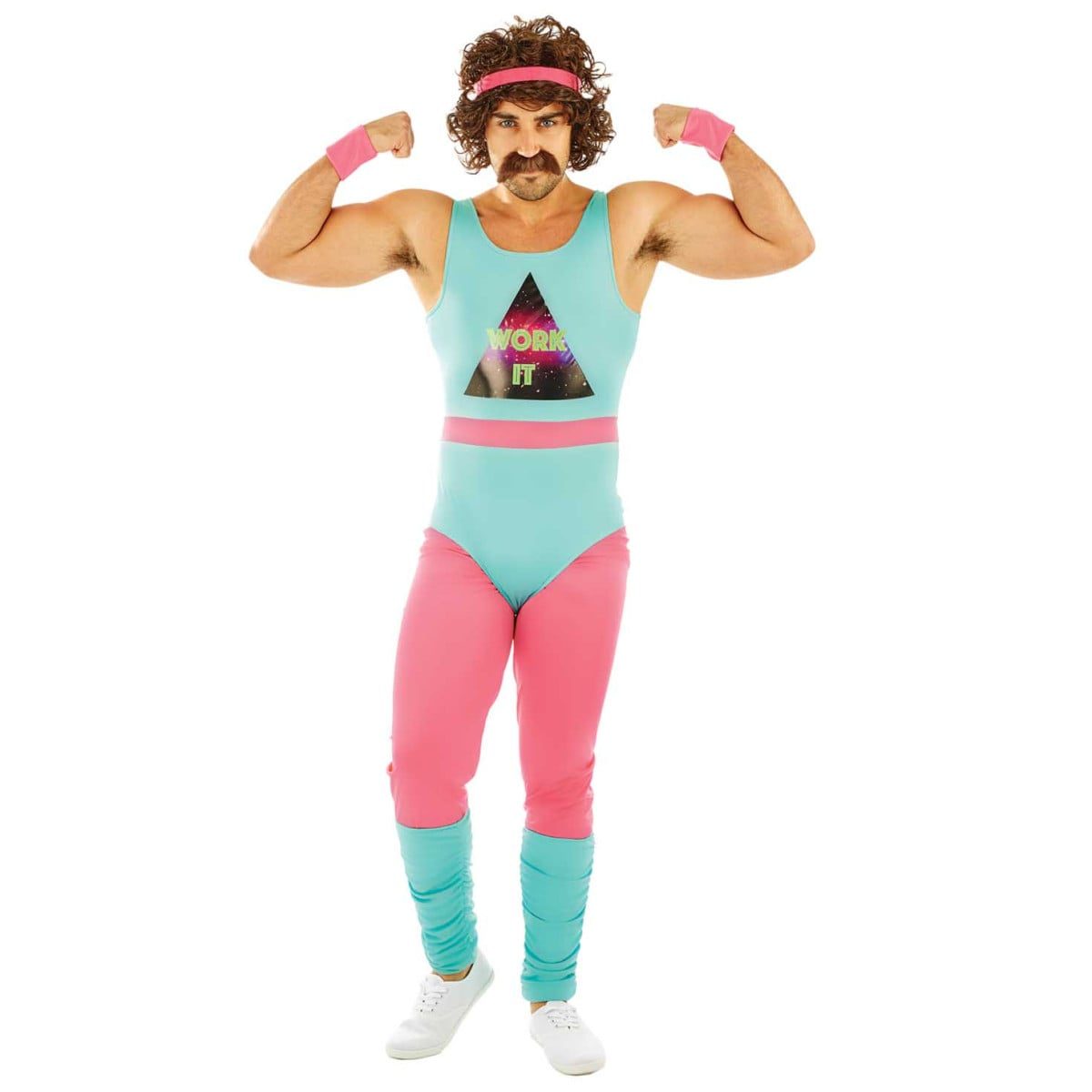 Man in an 1980s fitness instructor costume, a pale aqua blue leotard printed with the slogan WORK IT in neon lettering, over pink leggings with aqua leg warmers, a pink headband and pink wristbands