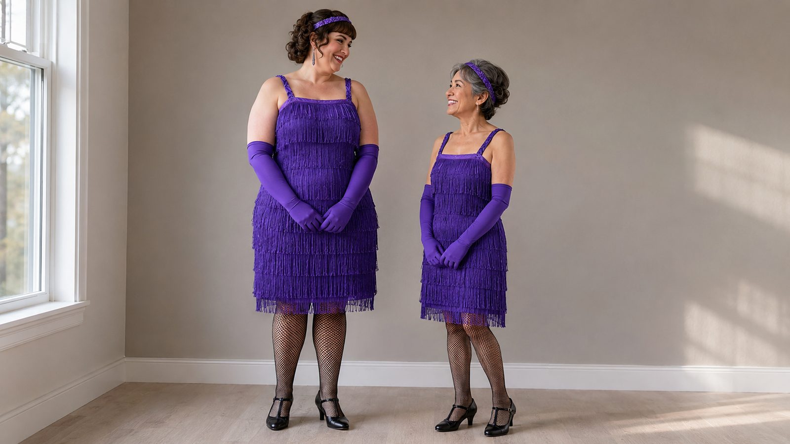 Two women of different heights and body types wearing the same purple 1920s fringed flapper dress with purple elbow-length gloves and a purple headband, both well fitted