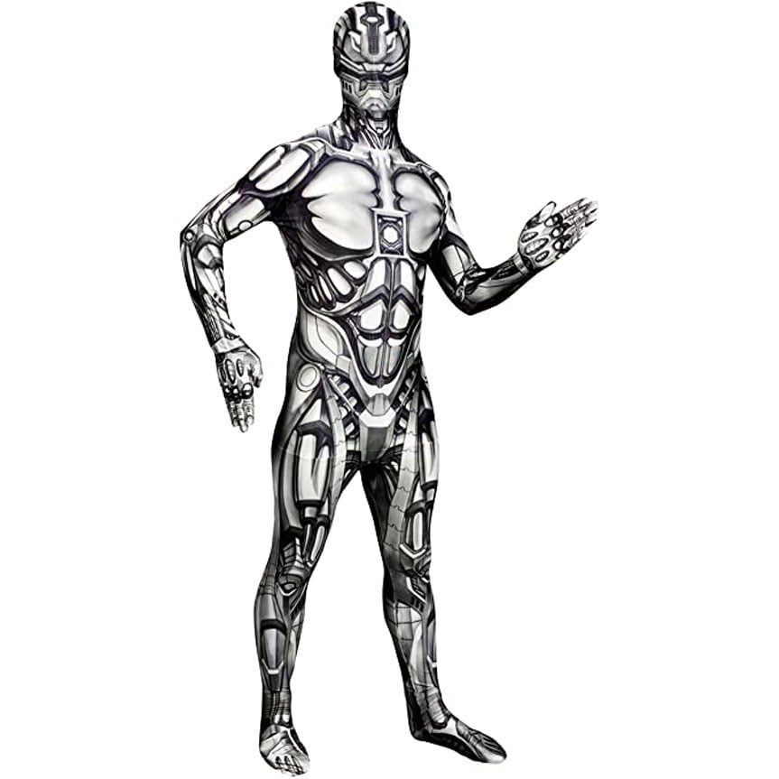 Android Costume Morphsuit, a metallic silver and gray full-body costume suit printed with mechanical plating, exposed joints and articulated robotic hands