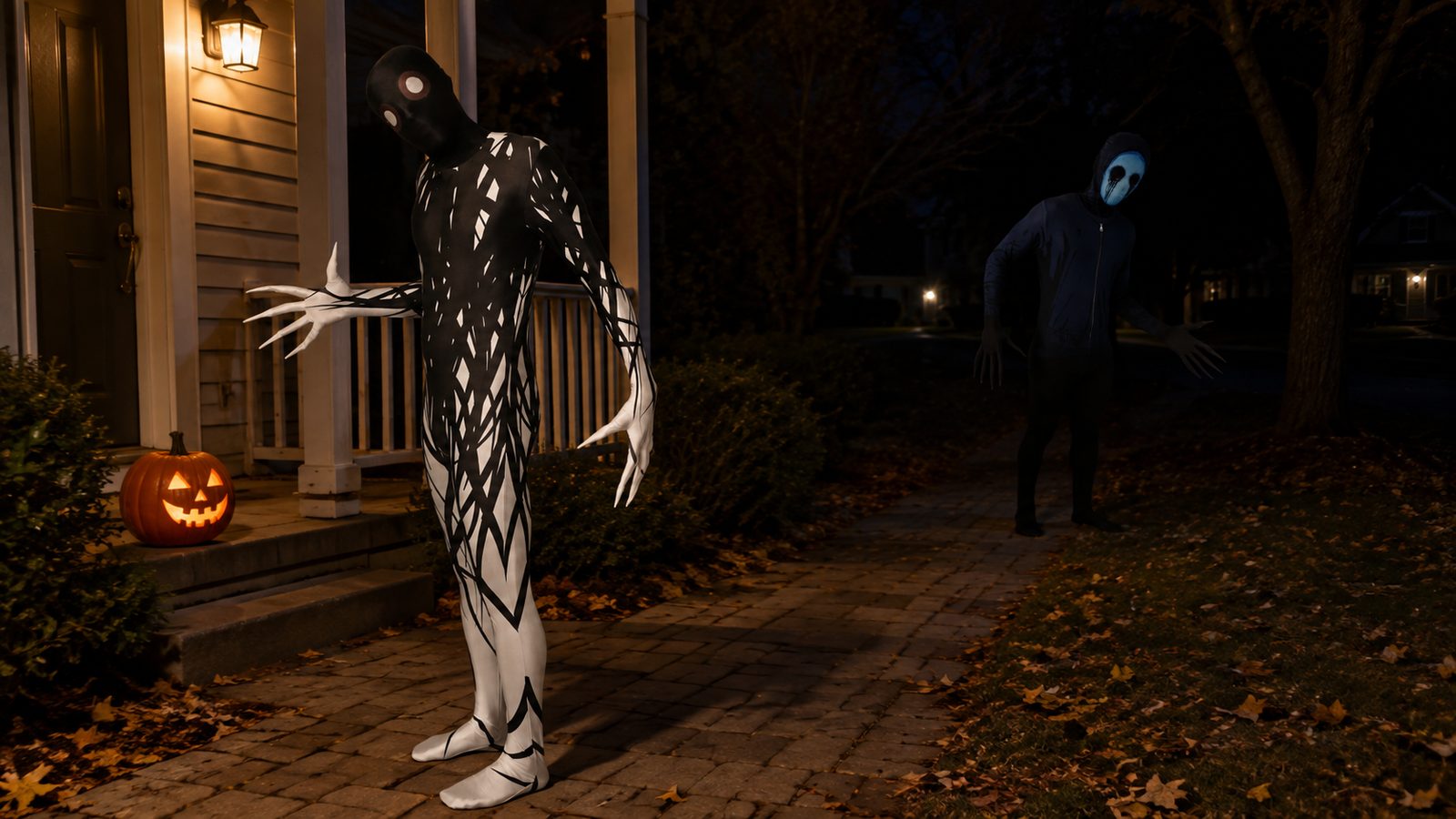 Two adults in full-body printed costume suits on a suburban path on Halloween night, the high-contrast print sharp under the porch light while the darker suit further down the unlit path reads only as a pale face