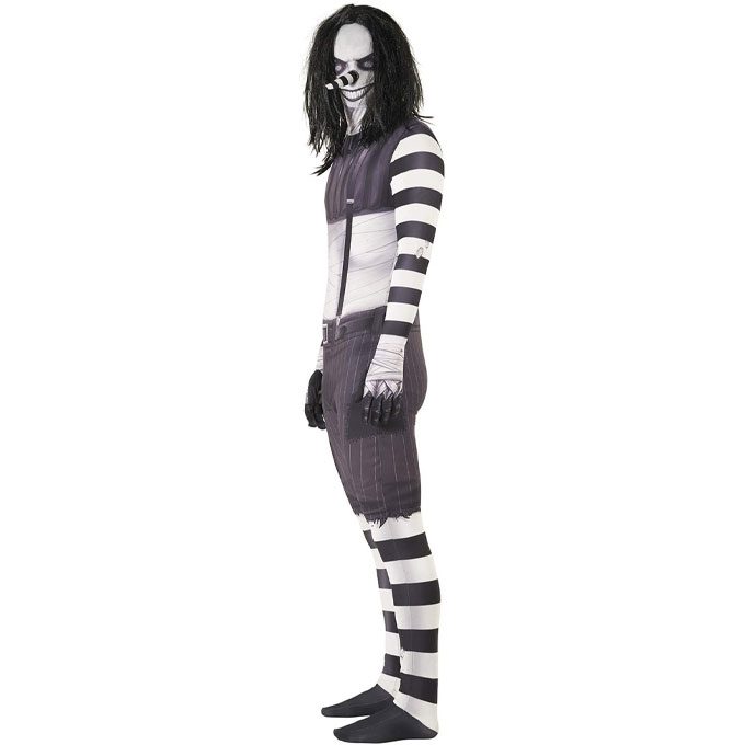 Laughing Jack Costume Morphsuit with black and white striped arms and legs, dark pinstriped shorts and vest, attached long black hair and a white clown face with a long striped nose