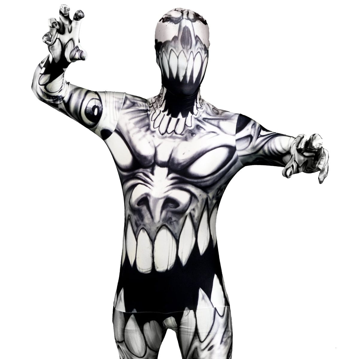The Mouth Morphsuit, a white and gray full-body costume suit printed with an oversized fanged face, huge teeth across the torso and clawed hands