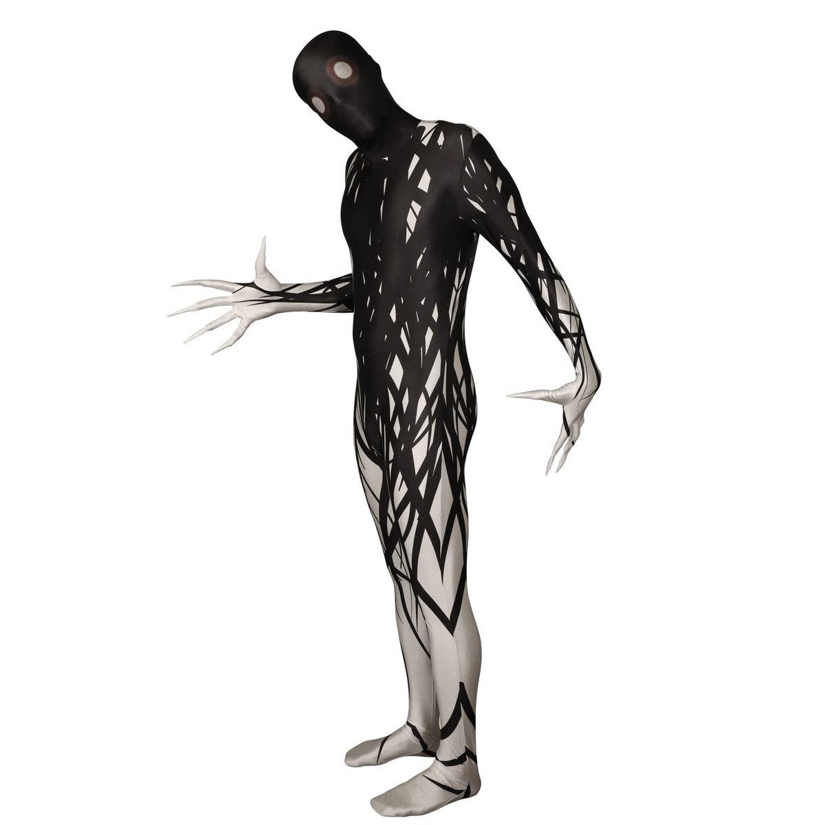 Zalgo Morphsuit, a black and white full-body costume suit with jagged black slash lines over white panels, elongated white clawed hands and a black hood with two pale ringed eyes