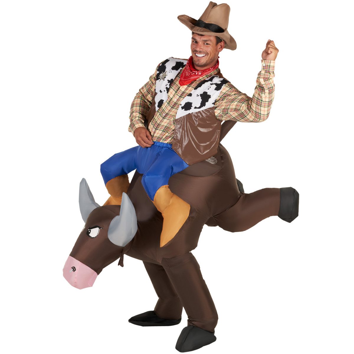 Person in a cowboy shirt, vest and hat riding an inflatable brown bull costume with grey horns and a raised hoof, wearer's own blue jeans visible at the join