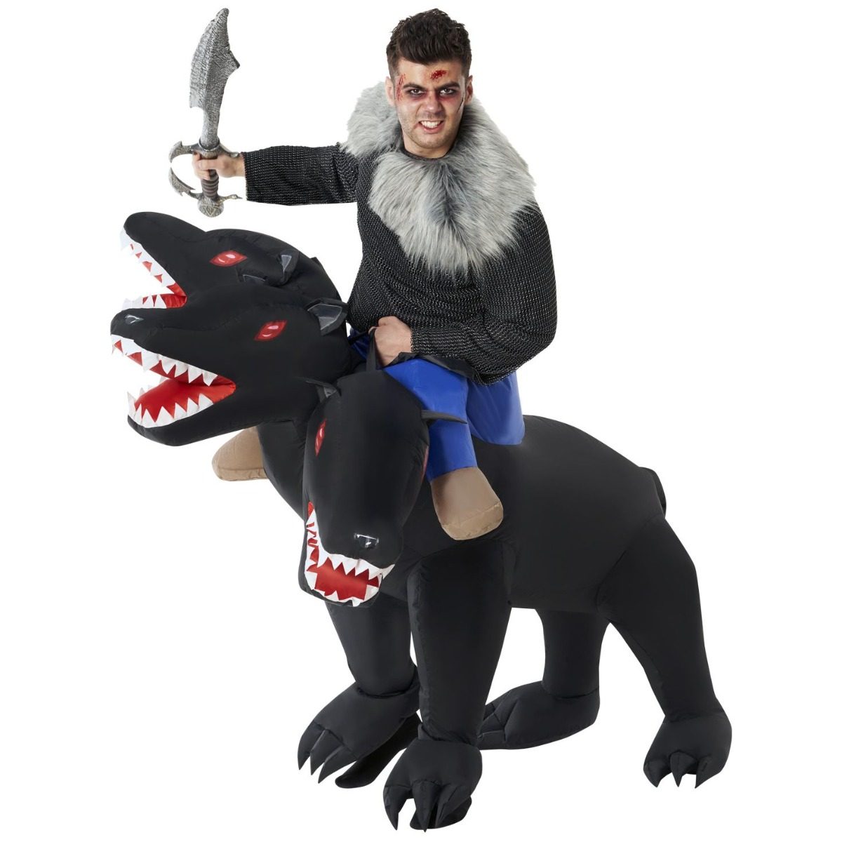 Person's torso and head free above a solid black inflatable three-headed dog costume with red eyes and open toothed mouths surrounding the legs