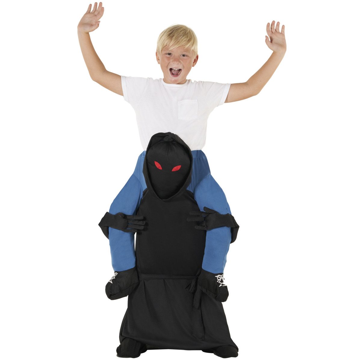 Child with arms raised standing behind a black hooded monster piggyback costume with red LED eye patches and black glove hands, dangling black trousered legs with white-laced shoes hanging forward