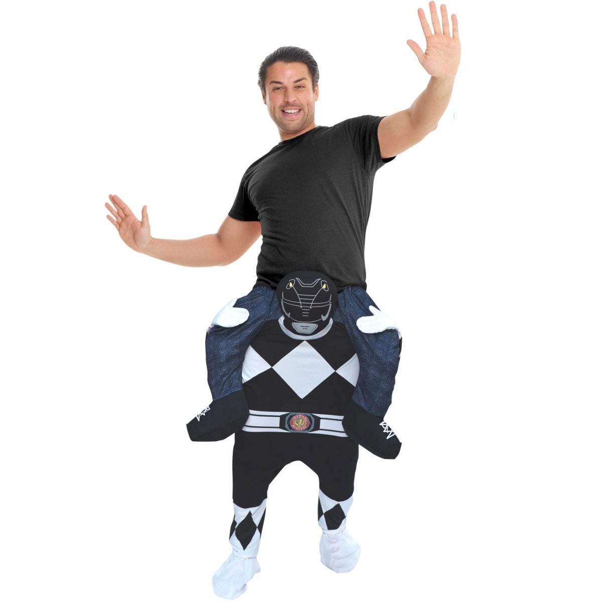 Man with arms raised standing behind a black and white diamond-patterned Power Ranger torso with a black helmet, dangling white-booted legs