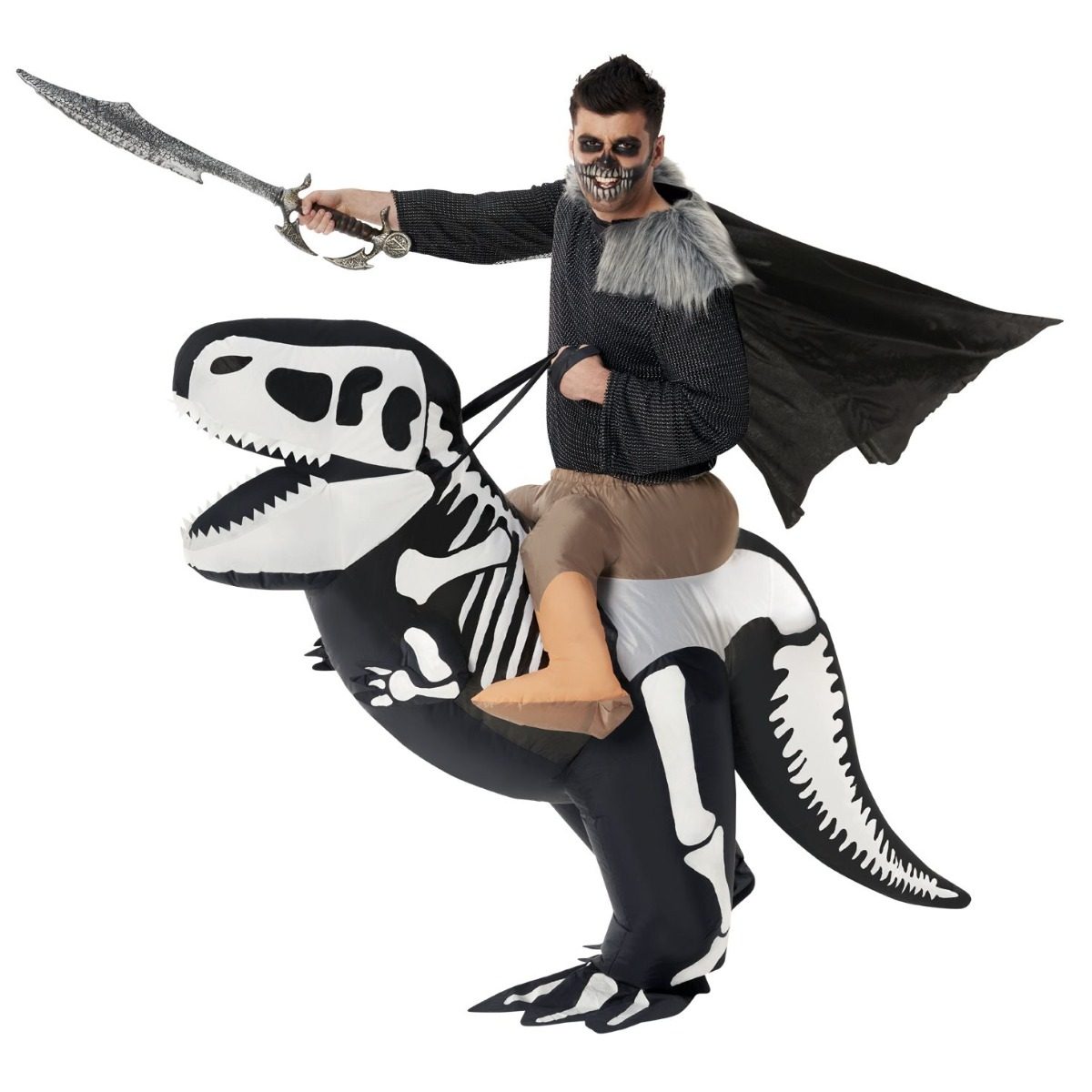 Person's torso and head free above a black and white skeleton T-Rex inflatable costume with an open-jawed head at the front