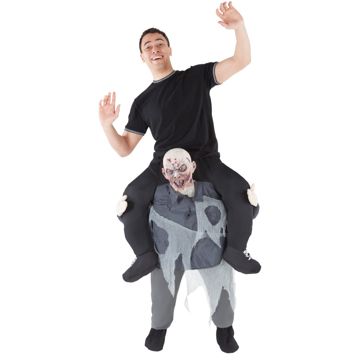 Man with arms raised standing behind a bald grey zombie torso in a tattered grey shroud, dangling black trousered legs and shoes hanging forward