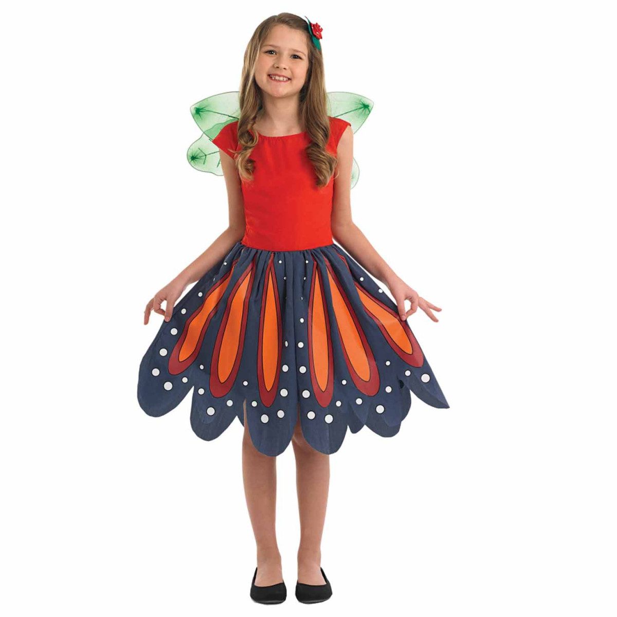 Girl wearing a red woodland fairy costume with wings and a floral hairclip