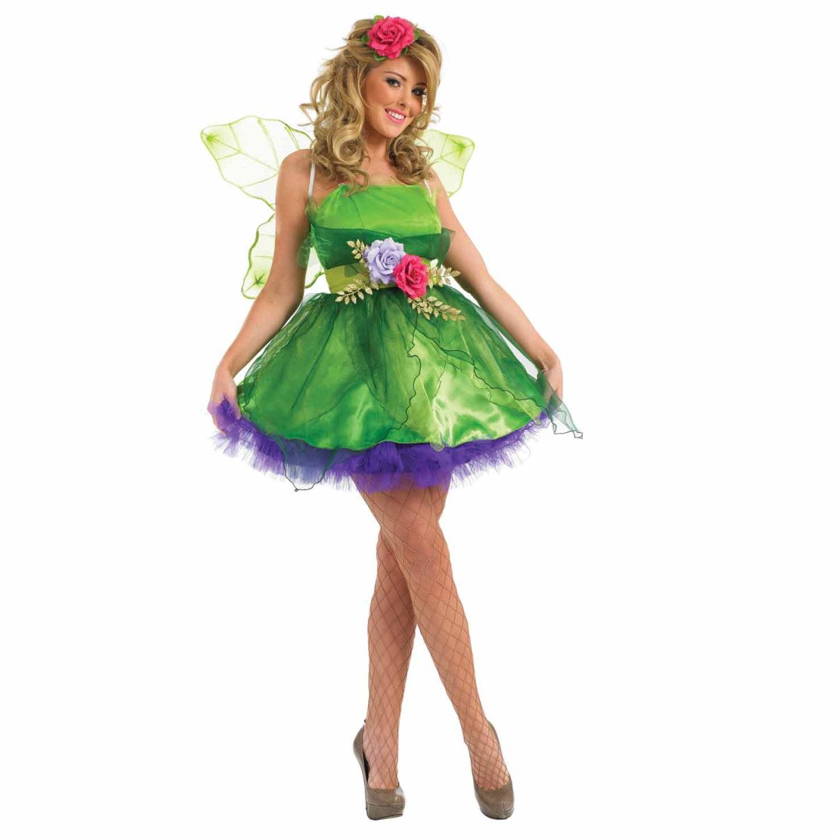 Woman wearing a green woodland fairy costume with a leaf-textured dress, a purple tulle underskirt, pale green leaf-shaped wings, and a pink rose headband