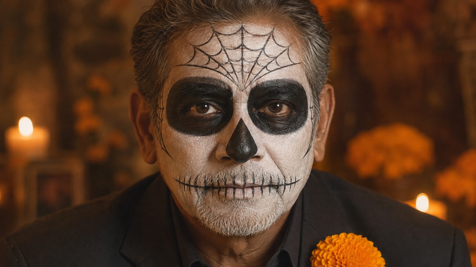 Close-up of a man's calavera face paint: a white base with black-shaded eye sockets, a stitched line across the lips and fine web and dot detail across the forehead, with an orange marigold at the lapel