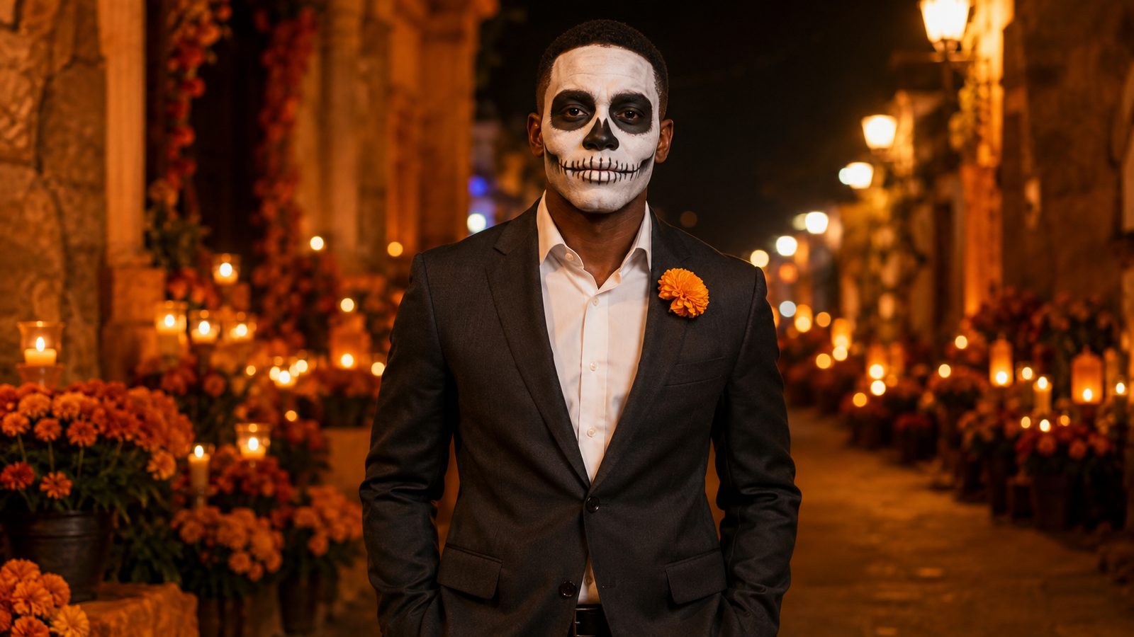 A man in a plain dark suit with a marigold in the buttonhole and a calavera face painted in white and black, dressed for a Day of the Dead gathering