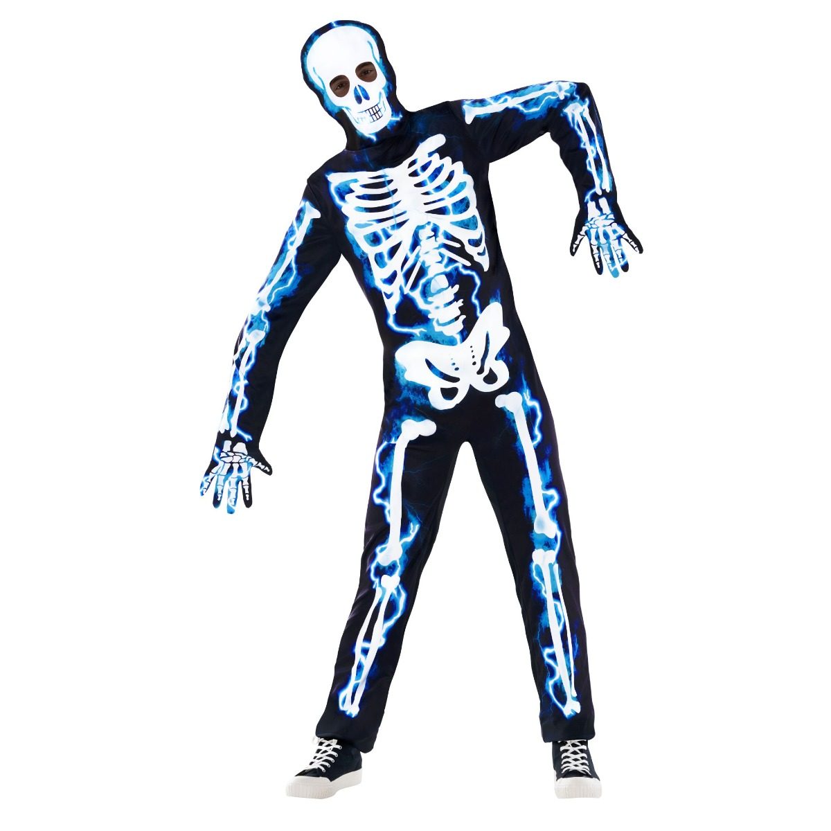 Skeleton Costume Electric Jumpsuit Mens: a black stretch jumpsuit printed with white bones on an electric-blue glow, matching skeleton-print gloves and a removable white skull hood