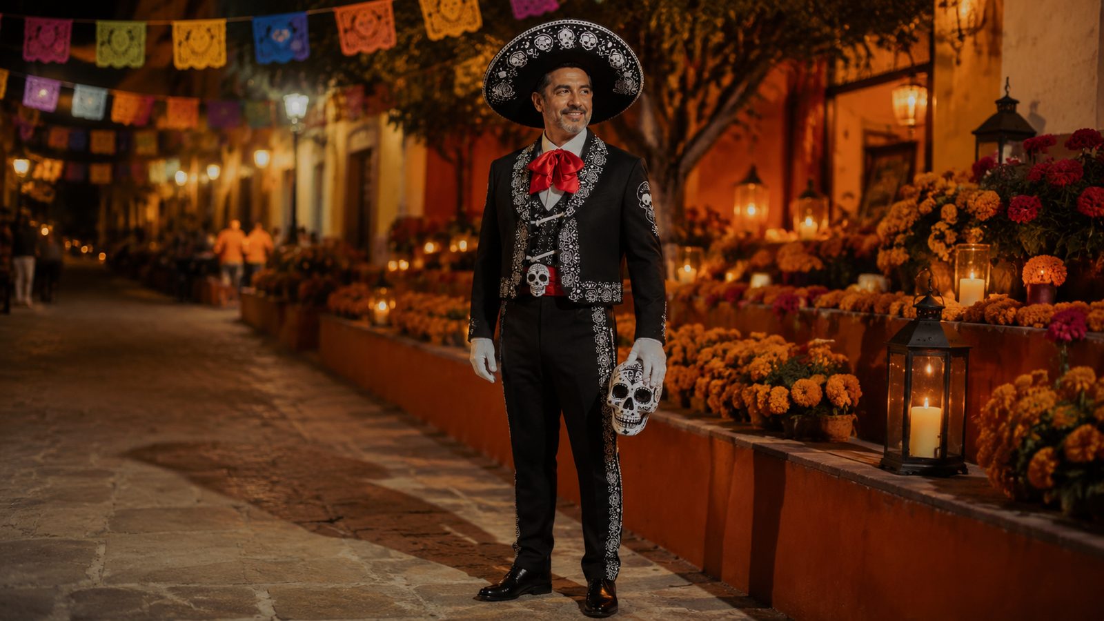 A man in a printed skeleton jacket and vest with a decorated wide-brimmed sombrero and white gloves, standing beside marigolds and candles in warm evening light