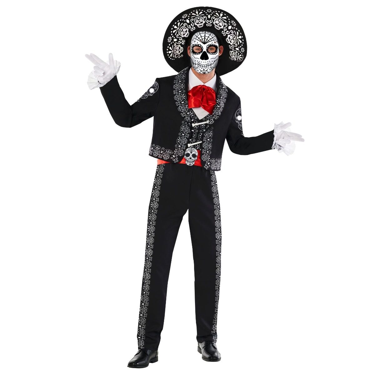Mens Day of the Dead Señor Suit Costume: a black jacket, vest and pants patterned with white sugar-skull filigree, a wide-brimmed sombrero in the same print, a red bow at the collar, a red waist sash with a skull buckle and white ruffled gloves