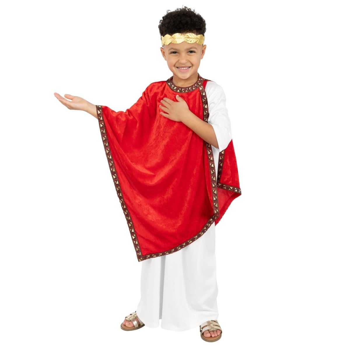 Kids Roman Emperor Costume, a white tunic layered under a red robe with a gold and maroon patterned trim, and a gold leaf headband