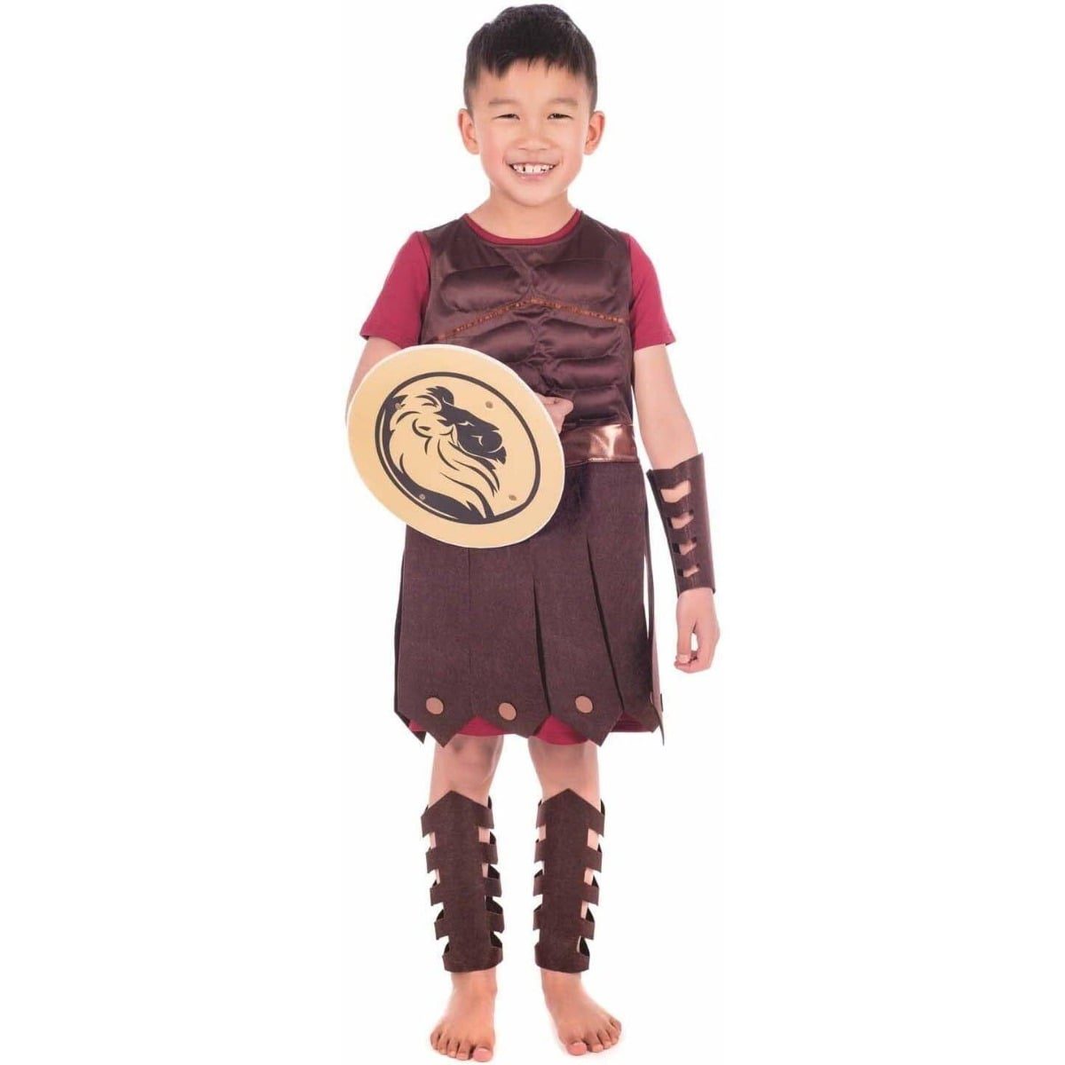 Kids Gladiator Costume, a brown tunic with a molded armor-look top, arm cuffs, leg cuffs and a round shield with a lion motif