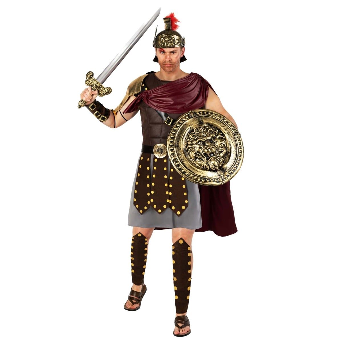 Mens Roman Gladiator Costume, a brown tunic with a studded belt and gold arm piece, a burgundy cape, wrist bands and studded shin guards
