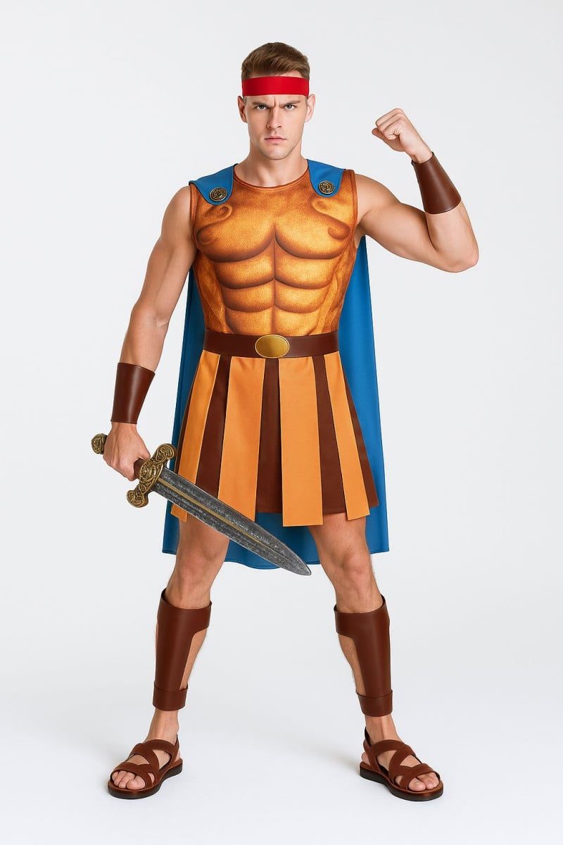 Greek Hero Men costume, a muscle-print tunic with an attached flowing cape, headband, arm cuffs and leg guards