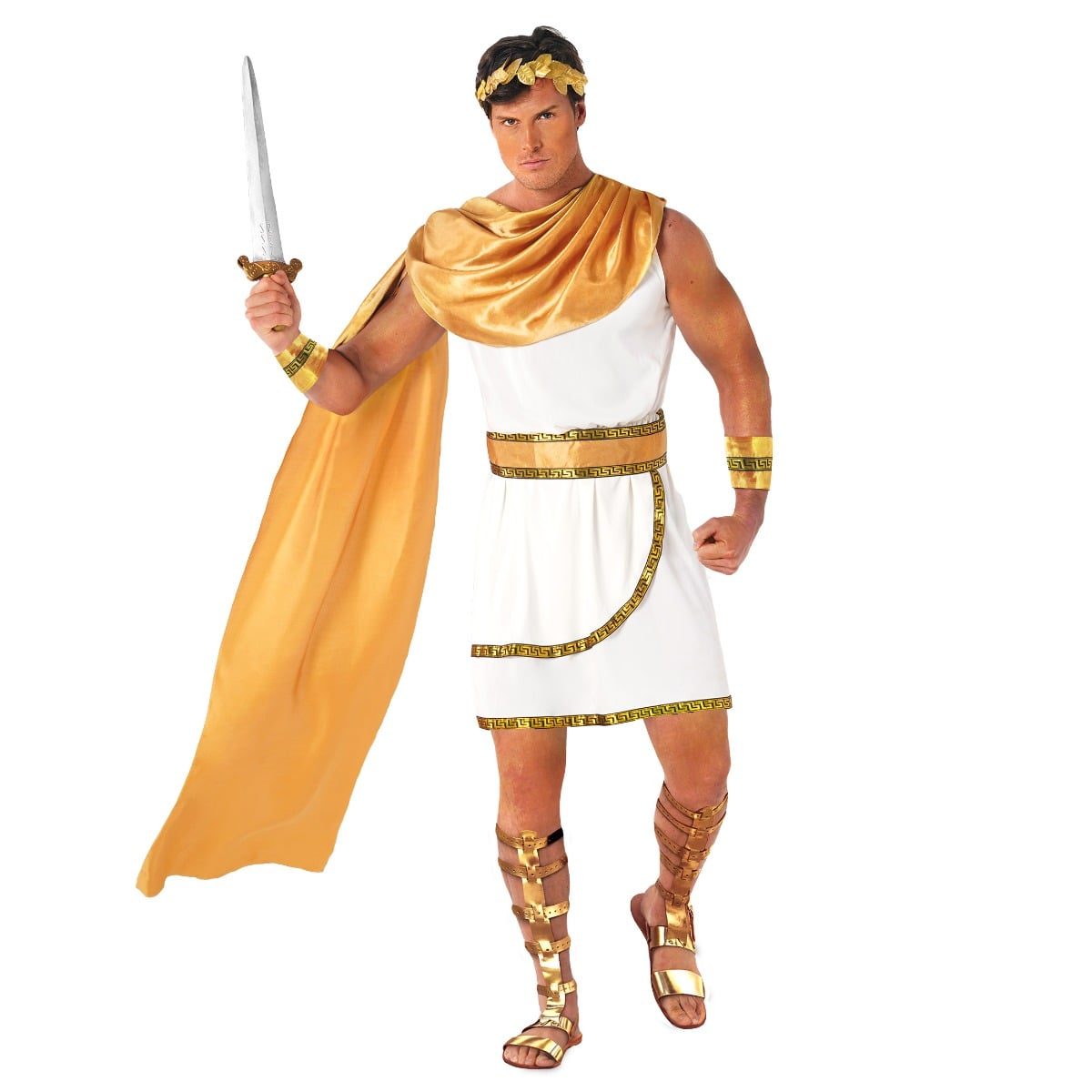 Mens Roman God Costume, a white toga with an attached gold satin cape, gold metallic belt, gold arm cuffs and a gold leaf headpiece