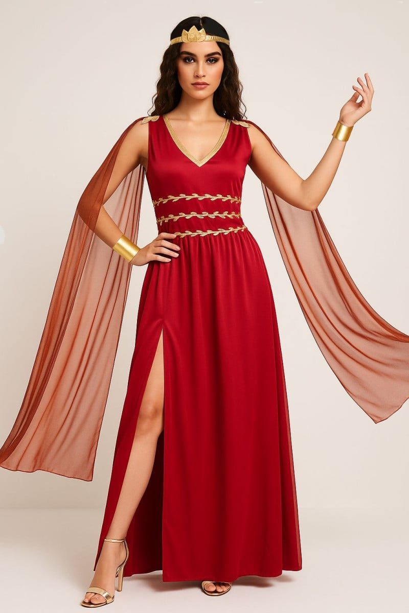 Roman Toga Dress in deep red, a floor-length gown with a thigh-high slit, gold leaf trim, an attached sheer cape and a gold leaf headband
