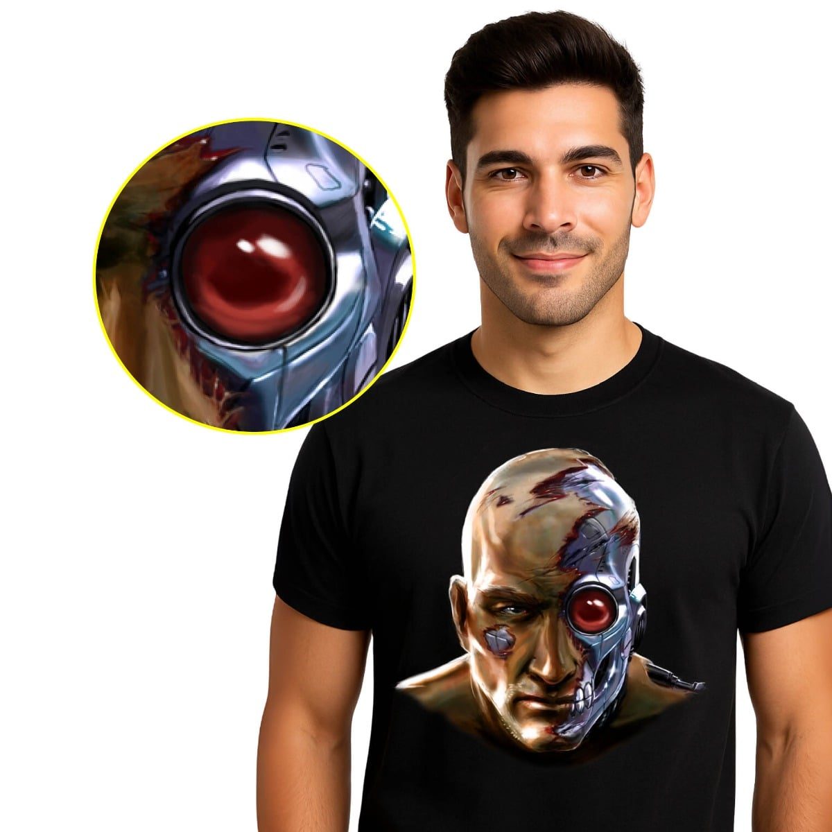 A black t-shirt printed with a half-human, half-robotic face at chest height, one eye glowing red inside metal plating, with a close-up circle showing the red eye and surrounding metal detail