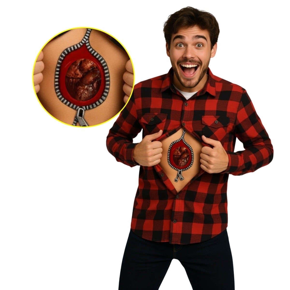 A man in an open red and black plaid flannel shirt pulled apart at the chest to reveal a printed zipper-shaped wound underneath, with a close-up circle showing the wound's torn red interior and zipper pull
