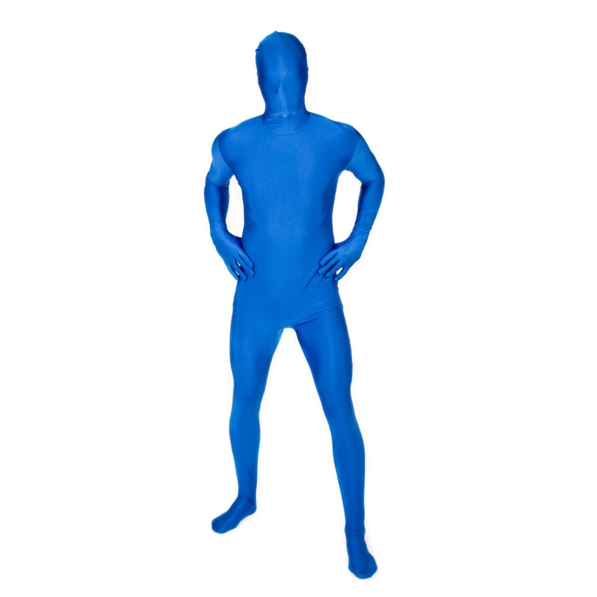 Adult blue Morphsuit costume covering the wearer from head to feet in a single stretch second-skin suit, including a full face and hand covering, standing against a plain white background