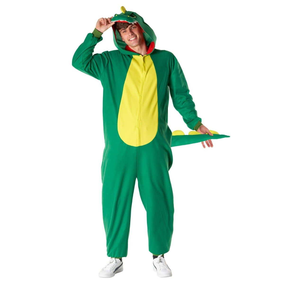 Man wearing a green fleece dinosaur onesie with a yellow belly panel, felt teeth on the hood, back spikes and an attached tail