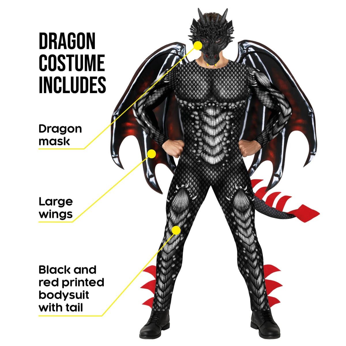 Man wearing a black and silver scale-printed dragon bodysuit with large black wings, a dragon half-mask and a spiked tail