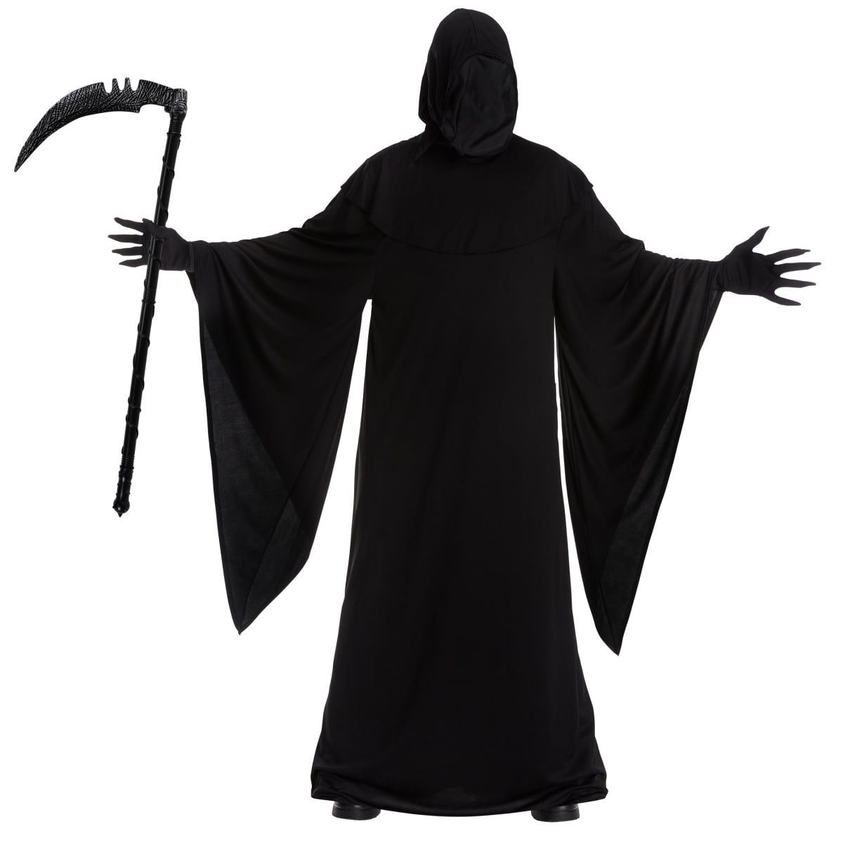 Man wearing a full-length black hooded robe with wide bell sleeves, clawed black gloves and a curved black scythe, against a plain white background