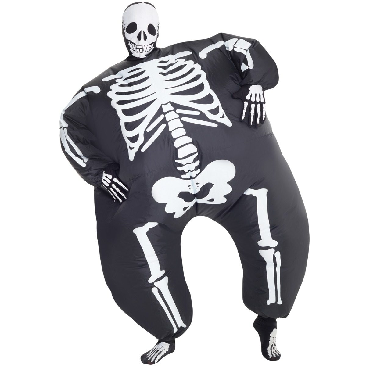 Man in a fully inflated black skeleton costume printed with white bones, wearing a white skull mask, bone-print gloves and bone-print socks