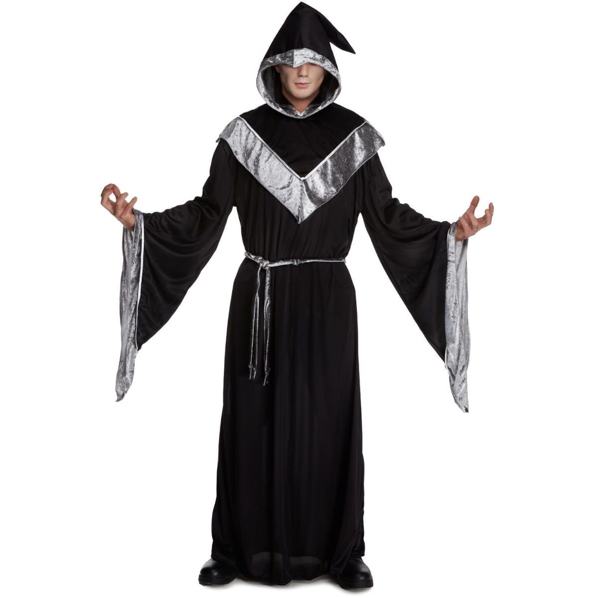 Man wearing a black hooded robe with silver crushed velour trim, a shoulder capelet and a silver rope belt, hands raised