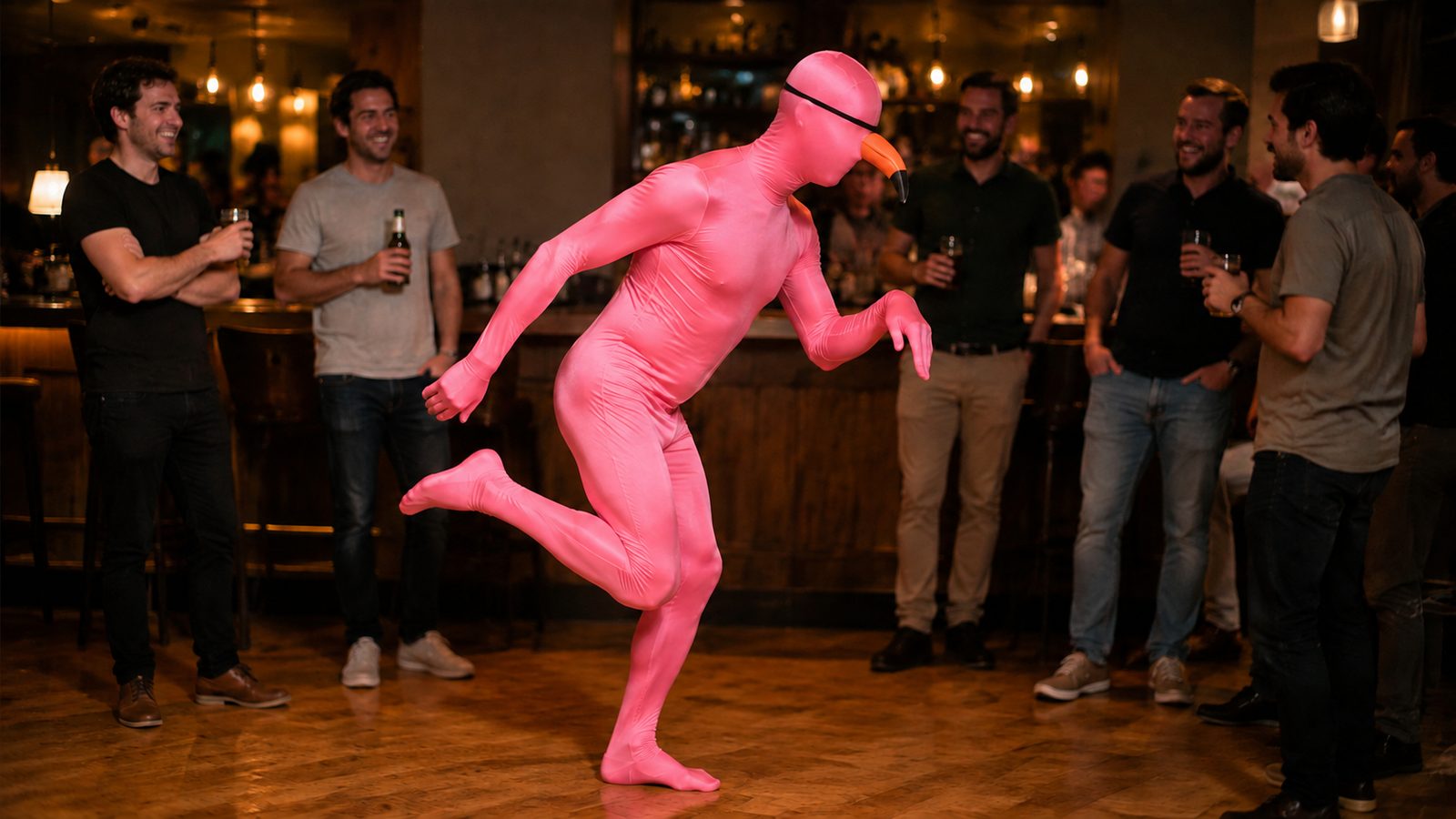 Person in a bright bubblegum pink full-body Morphsuit wearing a long orange flamingo beak headband, standing on one leg