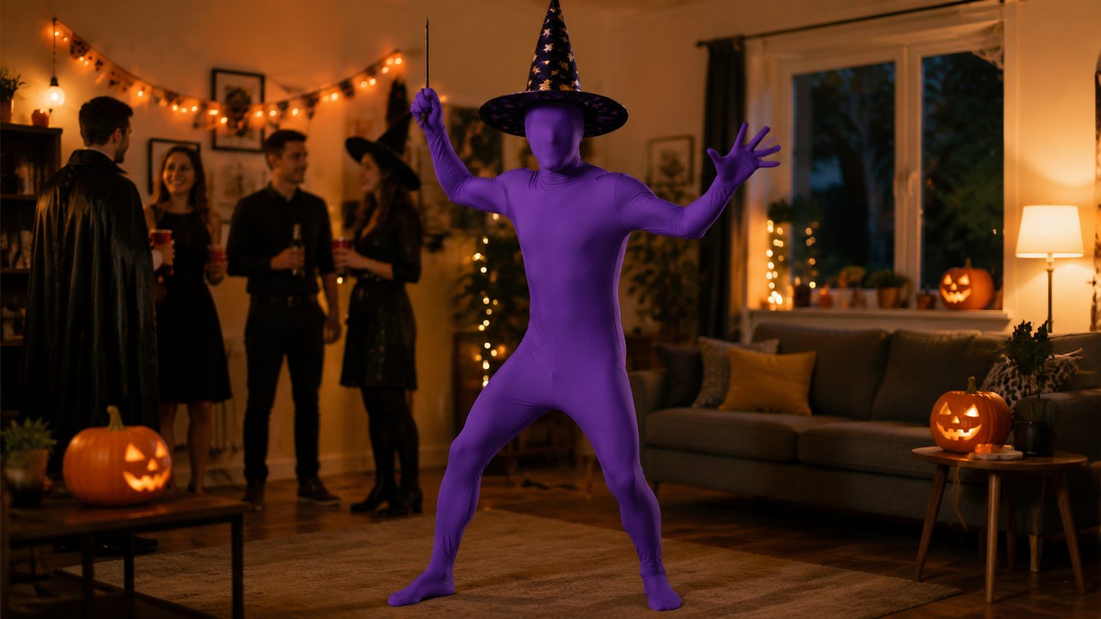 Person in a solid matte purple full-body Morphsuit wearing a star-print pointed wizard hat and holding a wand