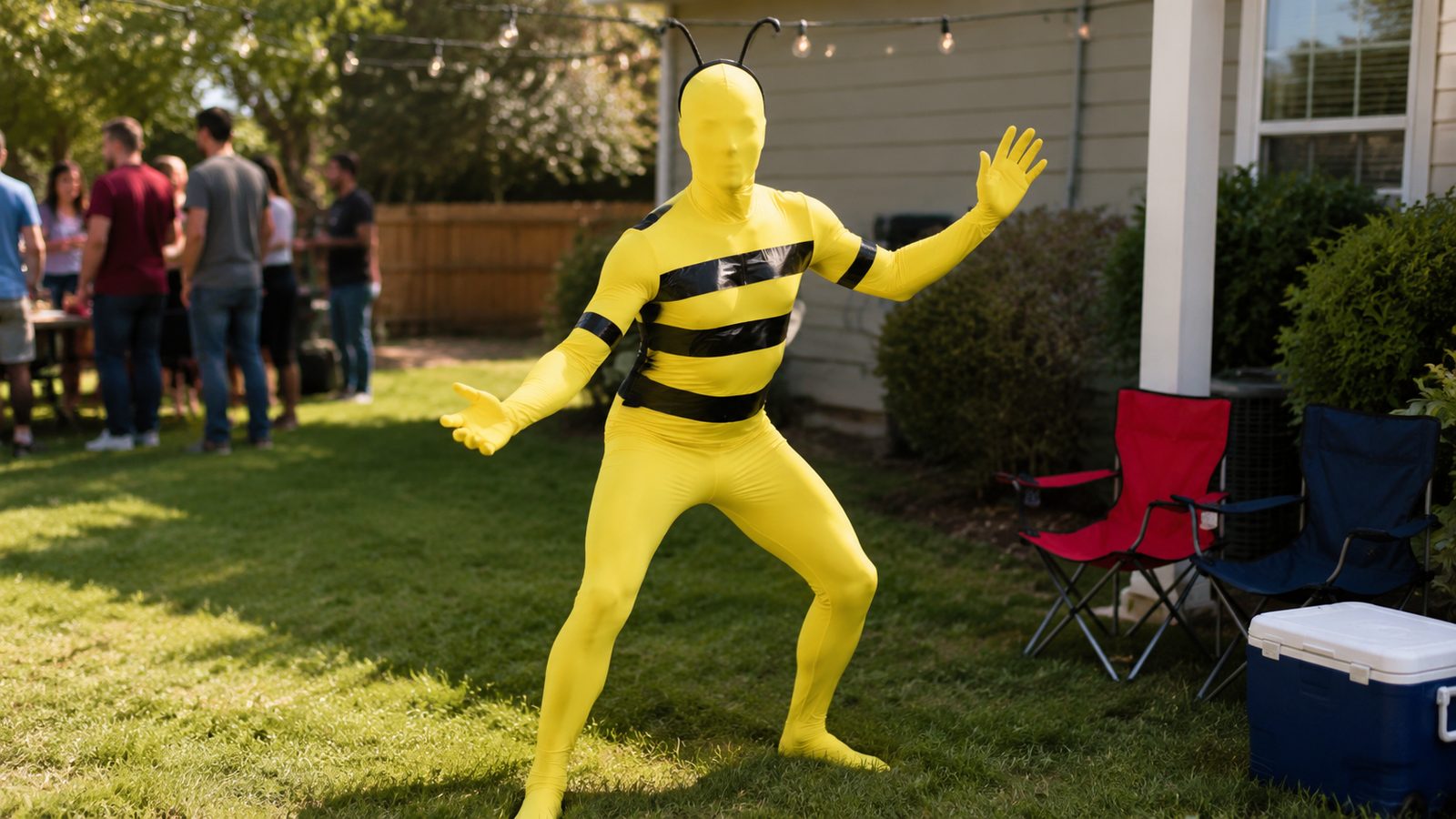 Person in a bright solid yellow full-body Morphsuit with black tape stripes across the torso and antenna headband, arms raised
