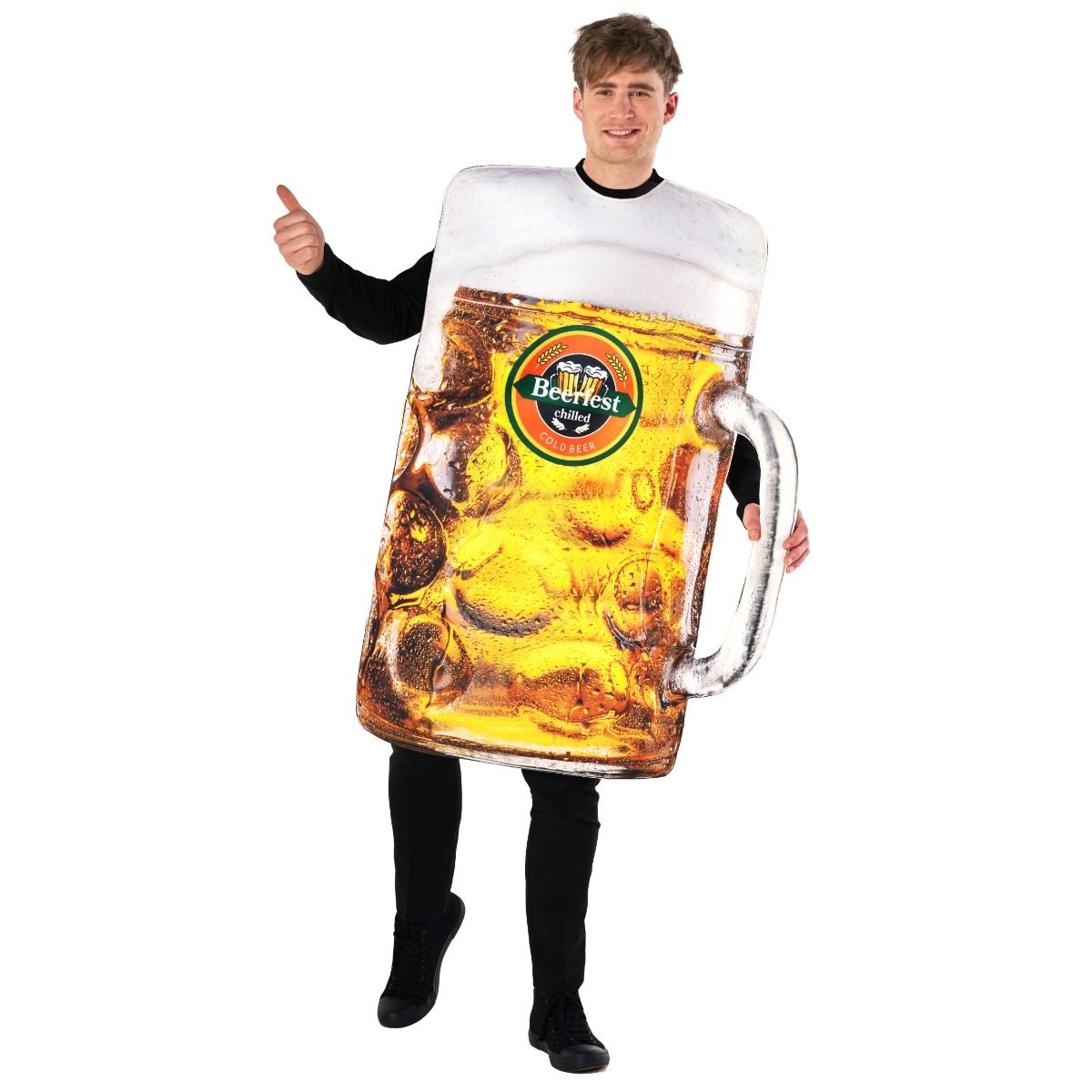 Mens beer glass tabard costume printed with a beer stein design, worn as a one-size tunic layered over everyday clothes