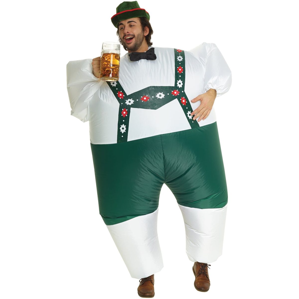 Lederhosen inflatable megamorph costume with a built-in air pump and fan, worn over regular clothes with a matching Bavarian hat
